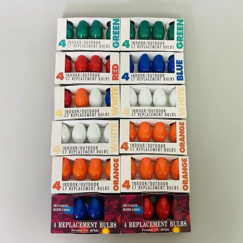 Lot of 12 Boxes C7 Replacement Christmas Bulbs Indoor Outdoor Red Blue Green Wht